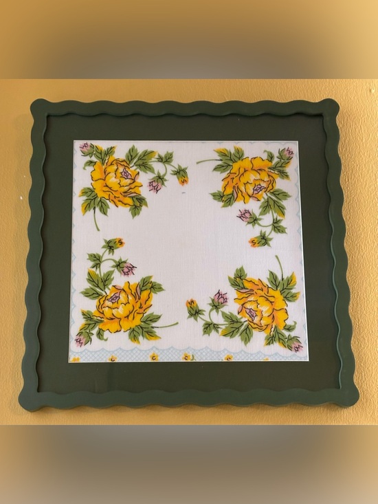 Other - 12 x 12 Green Framed Vintage Yellow Floral Ladies Handkerchief